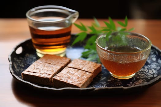 Kuri-yokan, Chestnuts yokan, sweet bean jelly, jelly made from Azuki beans, Japanese wagashi and green tea. ai generated