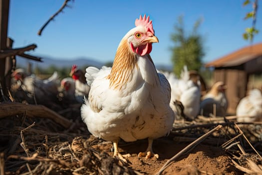 group of chickens in close-up on a walk, Generative AI.