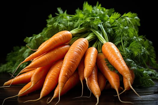 Bunch of carrots on a black background, ripe vegetables, a healthy eating concept, Generative AI