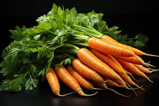 Bunch of carrots on a black background, ripe vegetables, a healthy eating concept, Generative AI