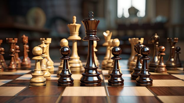 Chess pieces standing on a chessboard. Strategy of playing and winning, abstract, Generative AI