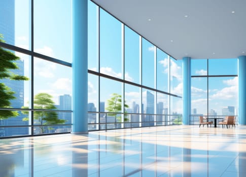 A beautiful modern spacious office hall with panoramic windows and a perspective in pleasant blue tones.