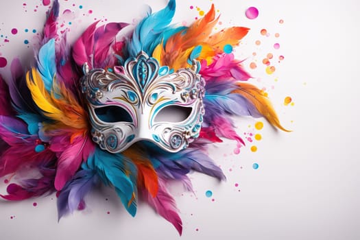 Carnival mask with multi-colored feathers on a white background.