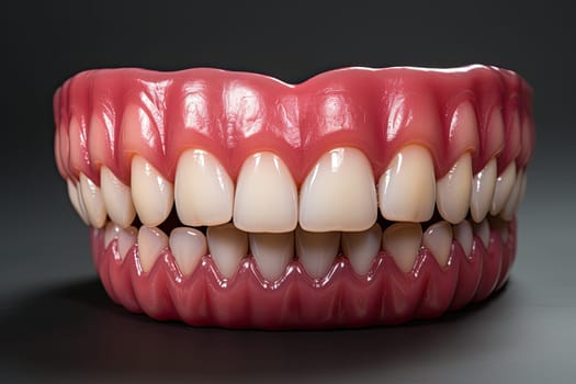 A mock-up of a jaw and even teeth on a dark background or on a table. Generate Ai.