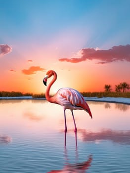 Beautiful pink flamingo in lake with reflection on beautiful sunset background. Generative AI