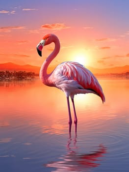 Beautiful pink flamingo in lake with reflection on beautiful sunset background. Generative AI