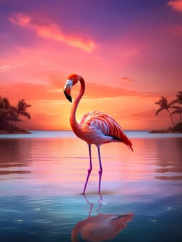 Beautiful pink flamingo in lake with reflection on beautiful sunset background. Generative AI