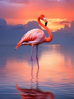 Beautiful pink flamingo in lake with reflection on beautiful sunset background. Generative AI