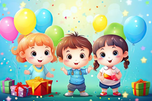 Happy children jump together and hold balloons, next to them gifts and a cake. Generate Ai