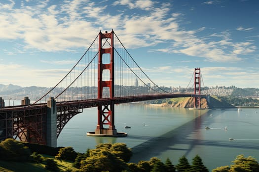 Golden Gate Bridge in San Francisco or Brooklyn bridge, USA. The big, red suspension bridge across the Strait in America, Generative AI