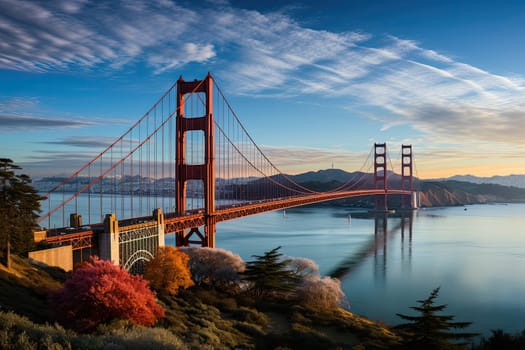 Golden Gate Bridge in San Francisco or Brooklyn bridge, USA. The big, red suspension bridge across the Strait in America, Generative AI