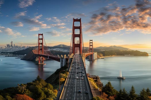 Golden Gate Bridge in San Francisco or Brooklyn bridge, USA. The big, red suspension bridge across the Strait in America, Generative AI