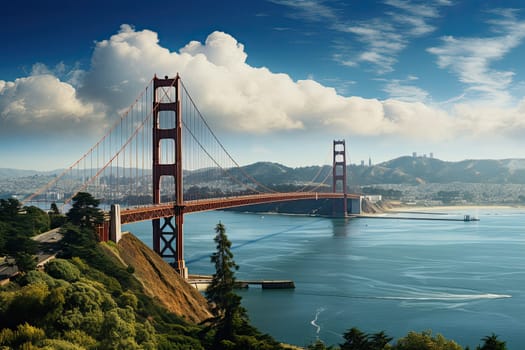 Golden Gate Bridge in San Francisco or Brooklyn bridge, USA. The big, red suspension bridge across the Strait in America, Generative AI