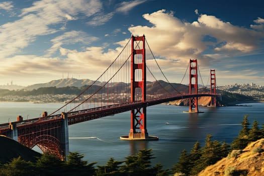 Golden Gate Bridge in San Francisco or Brooklyn bridge, USA. The big, red suspension bridge across the Strait in America, Generative AI