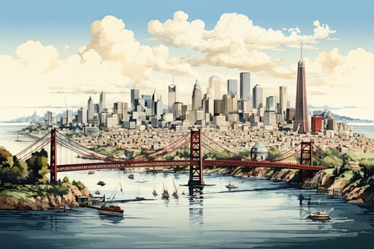 Golden Gate Bridge in San Francisco or Brooklyn bridge, USA. The big, red suspension bridge across the Strait in America, Generative AI