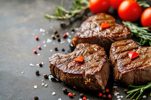 grilled beef steak for valentines day pragma in black background