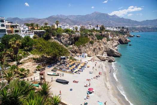 Nerja, Spain - May 28, 2019: View of Mediterranean Sea and Calahonda Beach from viewpoint of Europe's Balcony.