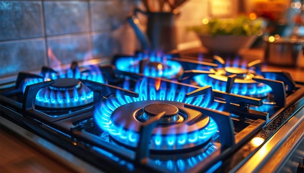 Burning gas stove. Closeup shot of blue fire from domestic kitchen stove top. Gas cooker with burning flames of propane gas. Industrial resources and economy concept. Kitchen gas flames burning