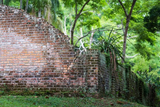 A ruined brick building with no roof, surrounded by lush green vegetation, being overtaken by nature.