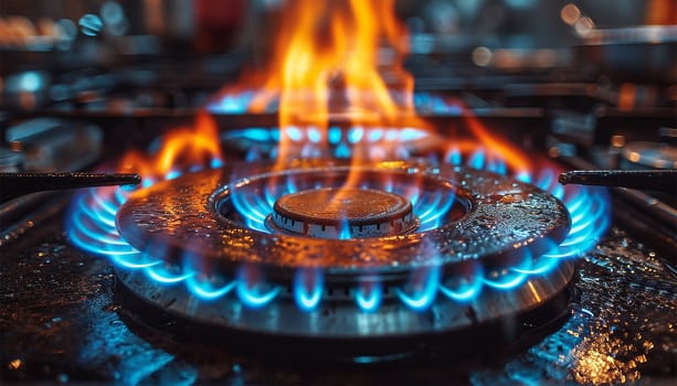 Burning gas stove. Closeup shot of blue fire from domestic kitchen stove top. Gas cooker with burning flames of propane gas. Industrial resources and economy concept. Kitchen gas flames burning