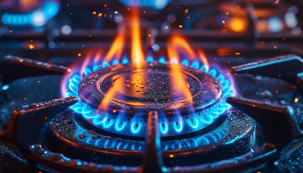 Burning gas stove. Closeup shot of blue fire from domestic kitchen stove top. Gas cooker with burning flames of propane gas. Industrial resources and economy concept. Kitchen gas flames burning