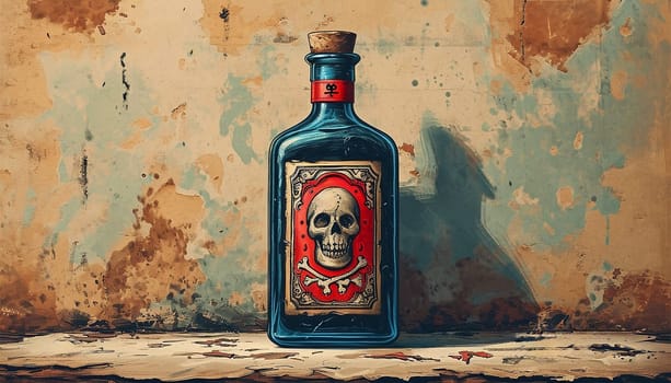 Poison bottle with skull and bones stands among pharmaceutical bottles. Danger sign, symbol of death. Concept background on poison poisoning, pharmaceutical, chemistry, medical, old science topic. Copy space