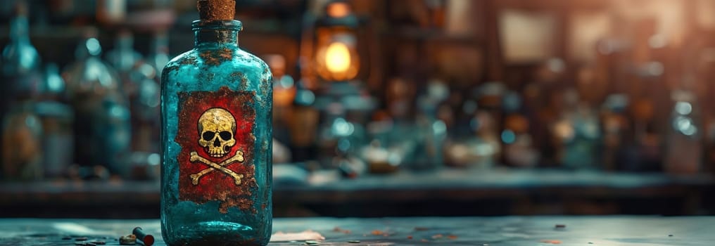 Poison bottle with skull and bones stands among pharmaceutical bottles. Danger sign, symbol of death. Concept background on poison poisoning, pharmaceutical, chemistry, medical, old science topic. Copy space
