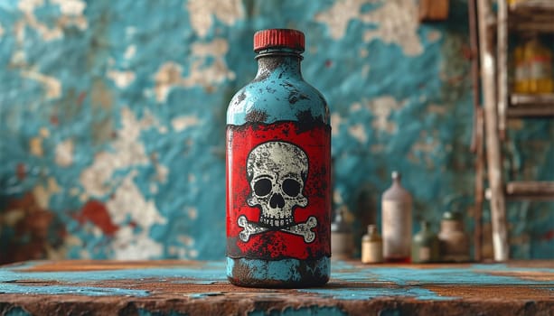 Poison bottle with skull and bones stands among pharmaceutical bottles. Danger sign, symbol of death. Concept background on poison poisoning, pharmaceutical, chemistry, medical, old science topic. Copy space