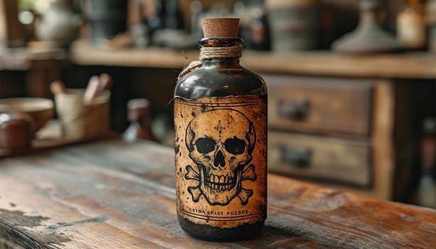 Poison bottle with skull and bones stands among pharmaceutical bottles. Danger sign, symbol of death. Concept background on poison poisoning, pharmaceutical, chemistry, medical, old science topic. Copy space