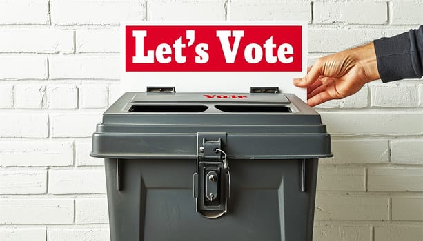 Text "Let's vote" Flat presidential election and democracy political president, governor, or parliament member with election and referendum freedom to hand wood vote copy space