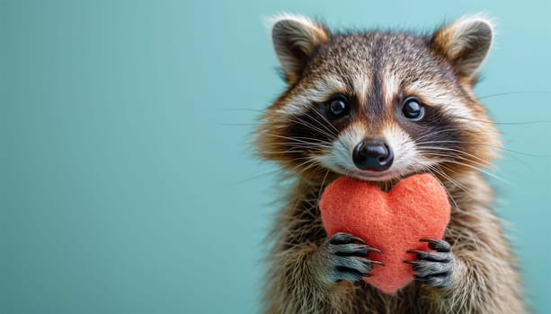 Adorable racoon holding heart on pastel green background. Valentine background Pretty grey mammal hugging pink red heart Wildlife animal, love concept Happy Valentine's Day Space for text