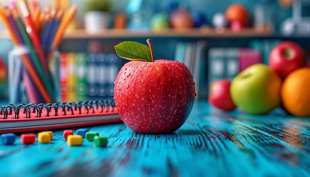 Back to school background design. Back to school backpack bag and color pencil elements in pattern background for educational study learning messages. Apple in classroom blue design Copy space