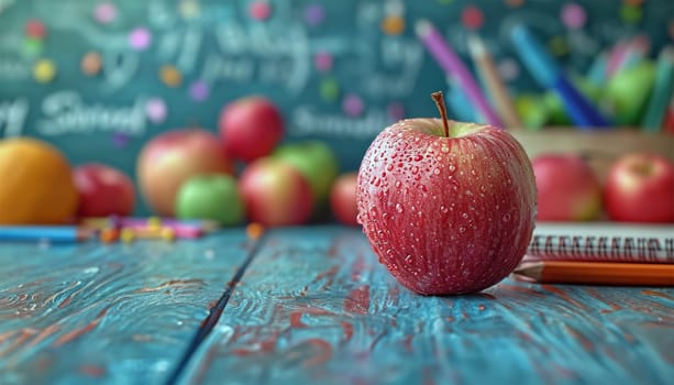 Back to school background design. Back to school backpack bag and color pencil elements in pattern background for educational study learning messages. Apple in classroom blue design Copy space