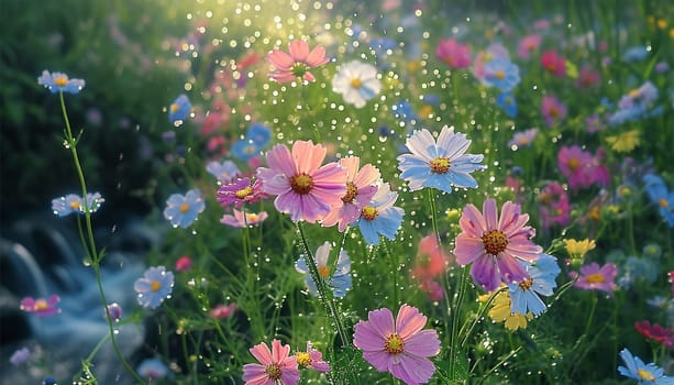 Field of cosmos flowers. A beautiful, sun-drenched spring summer meadow. Natural colorful panoramic landscape with many wild flowers of daisies against blue sky. A frame with soft selective focus.pastel