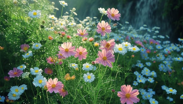 Field of cosmos flowers. A beautiful, sun-drenched spring summer meadow. Natural colorful panoramic landscape with many wild flowers of daisies against blue sky. A frame with soft selective focus.pastel