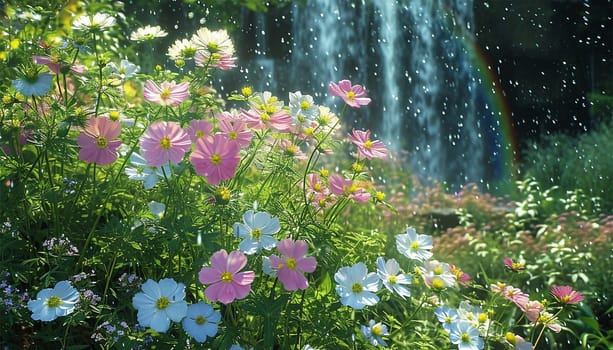 Field of cosmos flowers. A beautiful, sun-drenched spring summer meadow. Natural colorful panoramic landscape with many wild flowers of daisies against blue sky. A frame with soft selective focus.pastel