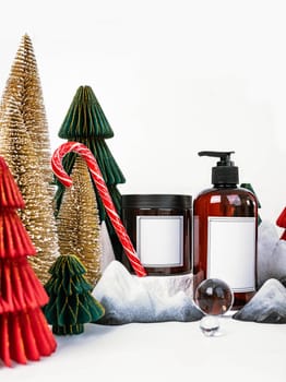 dark jar with lid and dispenser on the background of Christmas decorations