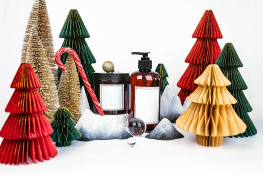 dark jar with lid and dispenser on the background of Christmas decorations