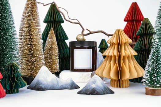 dark jar with lid on the background of Christmas decorations