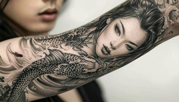 Asian woman filled with artistic tattoos on body. black tattoo with paint. Master works. Master of tattoo fill circuit tattoo. Beauty