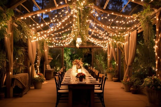 Intimate evening dinner setup under twinkling lights and lush greenery.