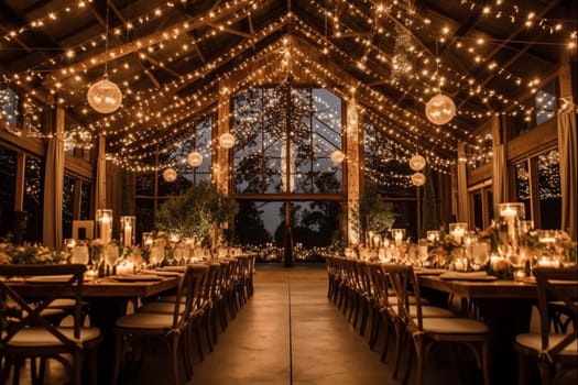Elegant evening event setup with lights and dining tables