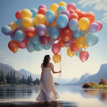 Girl Playing with Colorful Balloons on a Summer Day Against the Blue Sky