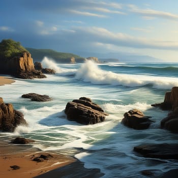 Dynamic Ocean Waves and Splashing on Majestic Sea Rocks in a Beach Cove