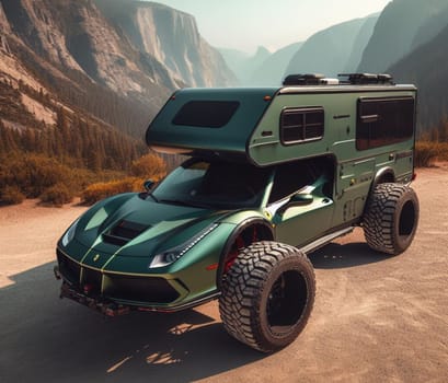 green matte special edition expensive offoroad 4x4 fast sports luxury supercar design camper van conversion for digital nomad avdenture weekender ai art generated