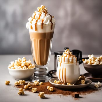 Sweet Milkshake with Caramel Syrup, Cream Liqueur, Caramel Popcorn, and Chocolate Powder on a Vintage Brown Background with a Manual Coffee Grinder