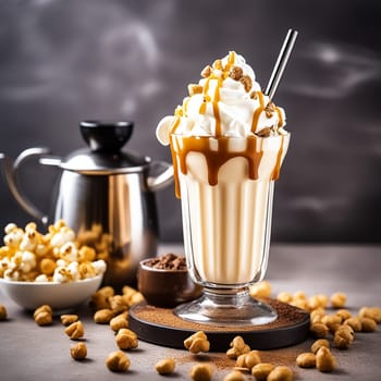 sweet Milkshake with Caramel Syrup, Cream Liqueur, Caramel Popcorn, and Chocolate Powder on a Vintage Brown Background with a Manual Coffee Grinder