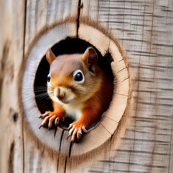 Baby American Red Squirrel Peeking from a Wooden Nesting Box