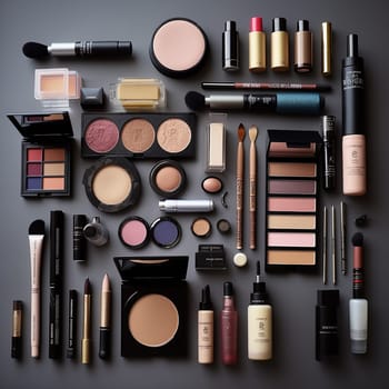 Assorted makeup products neatly arranged on a dark background.