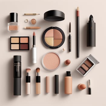 Assorted cosmetics neatly arranged on a plain background